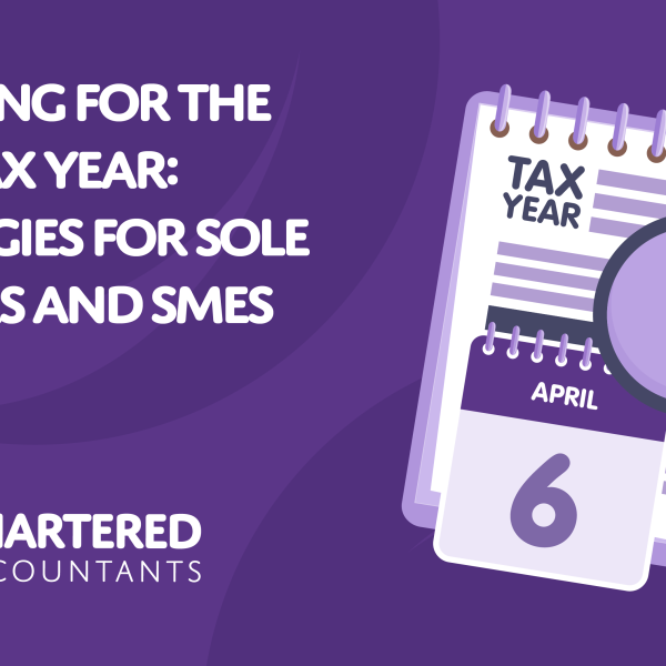 A purple background with white text reading 'Planning For The New Tax Year: Strategies for Sole Traders and SMEs