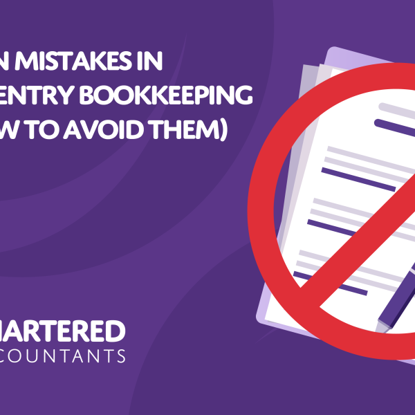 A purple background with white text reading 'Common Mistakes in Double Entry Bookkeeping (and How to Avoid Them)