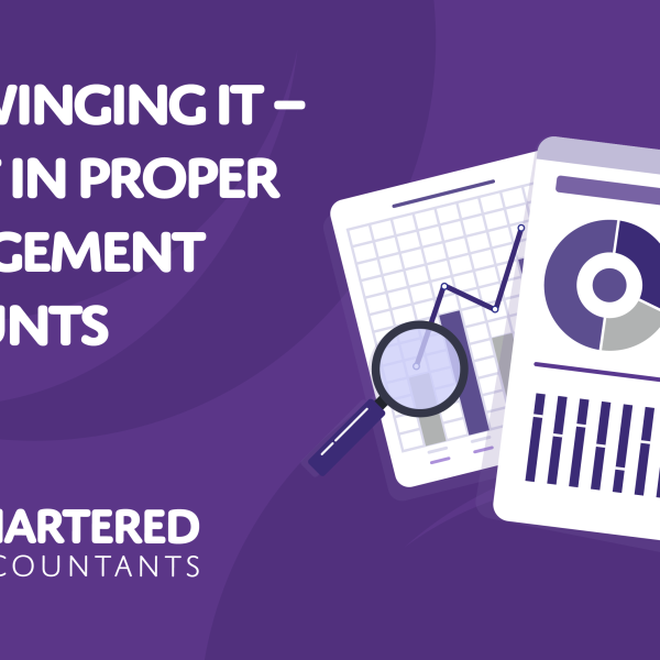 A purple background with white text reading 'Stop Winging It – Invest In Proper Management Accounts'