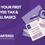 A purple background with white text reading 'Hiring Your First Employee: Tax & Payroll Basics'