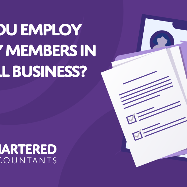 A purple background with white text reading 'Can You Employ Family Members in a Small Business?'